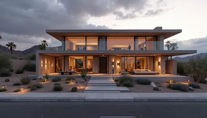 Modern luxury desert home stands under dramatic dusk sky. Two story sleek house features vast glass walls revealing warm illuminated interior rooms. Elegant outdoor lighting highlights arid