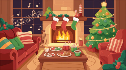 Fireplace living room decorated christmas tree sofa cookies and candles vector