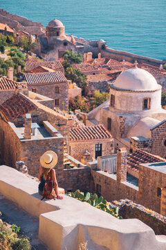 Travel destination: Monemvasia in Greece. Old and historical medieval castle town in Lakonia, Peloponnese