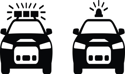 Obraz premium Black and white vector icons of police cars with flashing sirens, front view emergency vehicle silhouettes for law enforcement design