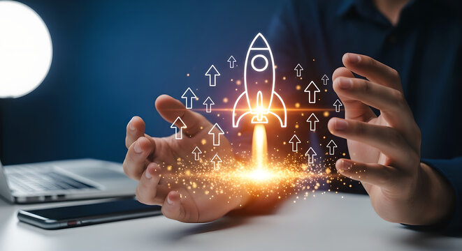 Business Growth Startup Launch Rocket Icon Male Hands Blue Background