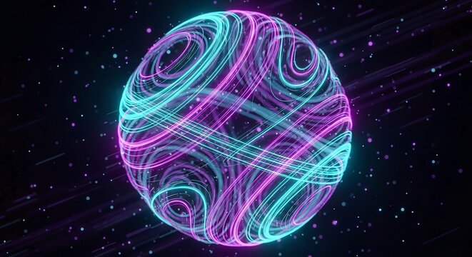 Glowing Neon Sphere: Abstract Digital Art with Wavy Lines on a Dark Background