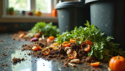 Kitchen counter displays food scraps for composting. Parsley sprigs, fruit pieces sit on dark surface. Bins wait nearby showing eco friendly method. Organic waste helps in home garden, supports eco