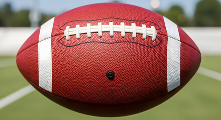 Dynamic close-up of a regulation American football, perfectly centered and ready for action on a blurred green gridiron field, embodying the spirit of competitive sport and teamwork