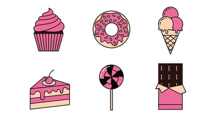 Cute Pink Dessert Icons Set Cupcake Donut Ice Cream Chocolate
