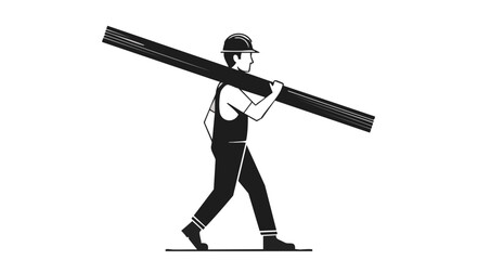 A black and white vector illustration depicts a diligent construction worker carrying a long, heavy beam on his shoulder, symbolizing hard labor and industrial development.