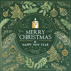 Fototapeta premium Merry Christmas and Happy New Year Greeting Card with Festive Ornaments and Evergreen Foliage Illustration