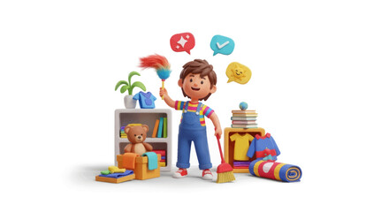 Cheerful 3D cartoon boy cleaning house with various tools.