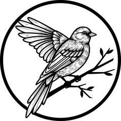 Bird perched on branch illustration within circle, black and white sketch