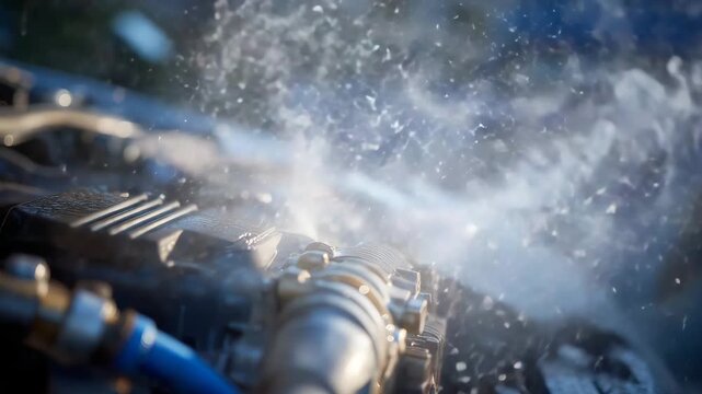 147Close-up shot of radiator and hoses with boiling steam escaping, droplets of coolant reflecting light, illustrating automotive overheating issue