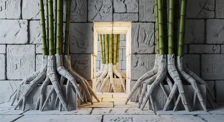 Carved stone ruins with green bamboo stalks rooted in sculpted stone Illuminated doorway reveals more bamboo and roots