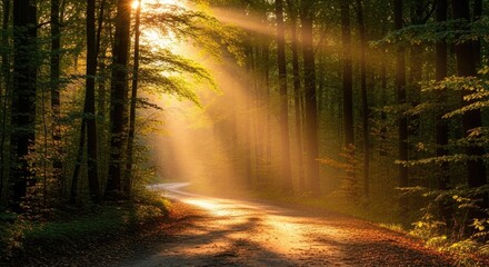Golden Sunbeams Illuminating a Serene Forest Path through Lush Green Trees