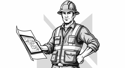 A professional male engineer in protective gear carefully examines building plans, symbolizing expertise and project management in construction industry.