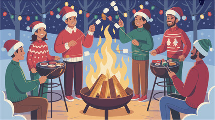 People grilling at bonfire new year eve holiday marshmallows vector graphic