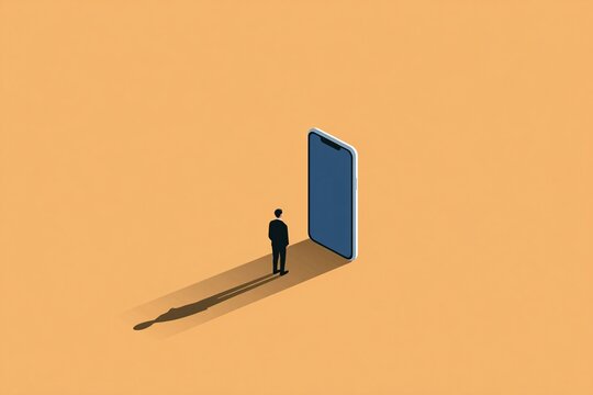 Large smartphone casts a shadow over a person facing their fears