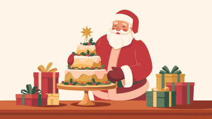Santa Claus Standing Behind Cake with Gifts Around on Wooden Table