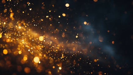 floating shimmering dots glowing golden bokeh particles floating in warm light creating an abstract shimmering background soft glitter haze