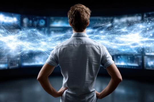 Technology enthusiast exploring digital data landscape in a futuristic environment