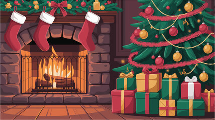 Stockings hung by fireplace next to decorated christmas tree and presents