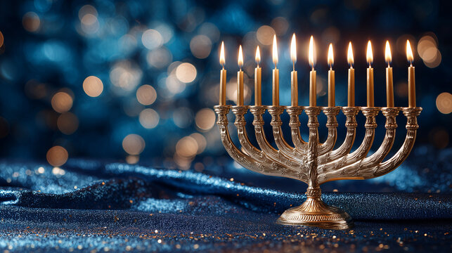 elegant hanukkah menorah with glowing candles on sparkling festive background, traditional holiday symbol displayed in warm candlelight for seasonal greetings celebrations and judaica designs