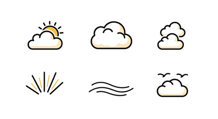 Cute Weather Icons Sun Clouds Wind Birds Vector Illustration Set