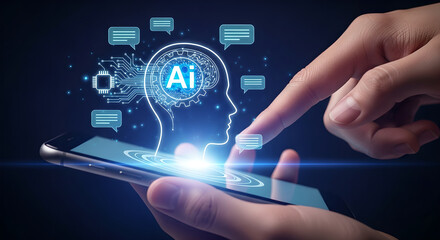 Artificial Intelligence AI Technology Human Hand Mobile Phone Copy Space