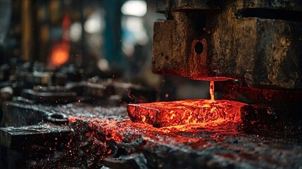 Red hot steel glowing under a forging press in an industrial foundry, sparks flying as molten metal is shaped on the production line amid heat, machinery and workers