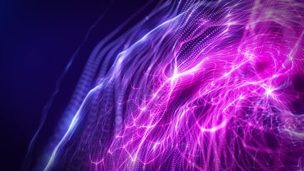 Abstract neon waves made of glowing purple and blue particles flowing in dynamic motion. Futuristic digital background perfect for technology visuals, music videos, and modern motion design projects. - Powered by Adobe