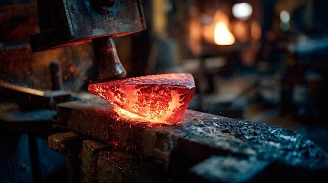 Hot metal bar being shaped with a power hammer on an anvil, creating a dynamic visual of sparks flying during the intense industrial forging process in a dark workshop environment