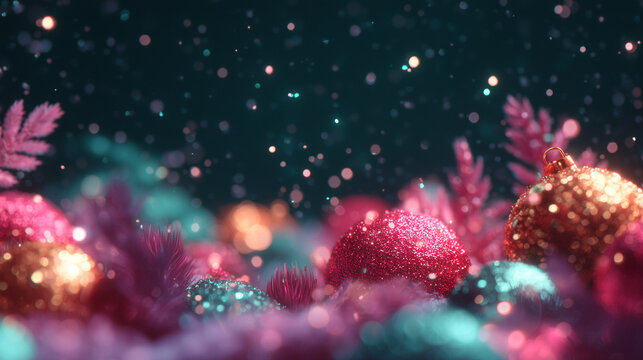 festive christmas holiday background with sparkling ornaments and decorative branches, winter celebration scene with shimmering lights and falling snow creating magical seasonal atmosphere