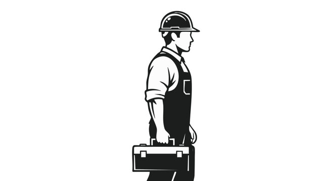 A skilled male worker, dressed in protective overalls and a hard hat, stands confidently holding a classic toolbox, ready for professional service or construction work.