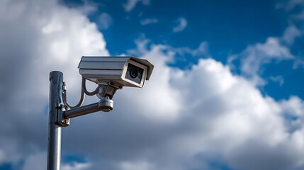 Security camera mounted on a pole, providing surveillance and privacy observation services against a backdrop of a bright blue sky filled with white clouds on a sunny day