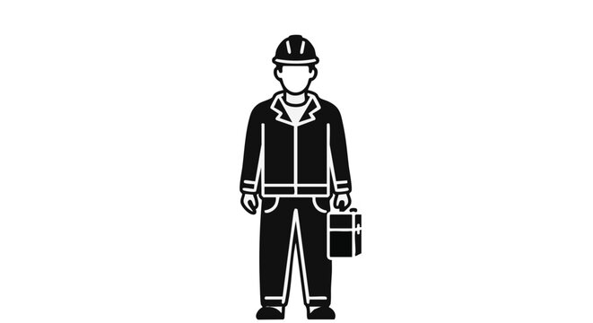 A clear black and white icon portrays a professional worker, equipped with a hard hat and toolbox, signifying essential skilled labor and technical service.