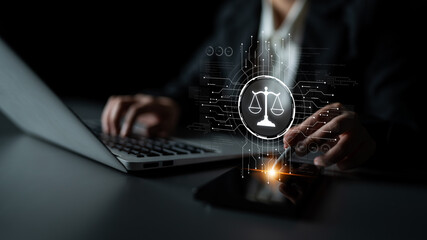 Futuristic digital law interface displaying justice scale, highlighting digital law, AI compliance,...