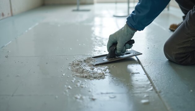 Construction worker applies sealant with trowel to flooring during renovation. Man kneels spreading a substance. Concrete floor industrial interior with a worker at work. - Powered by Adobe