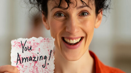Woman holding a handmade card with You Amazing. written on it, smiling broadly and looking at the camera