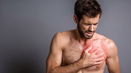 Man experiencing severe chest pain and clutching his chest with an area of red highlighting acute discomfort and potential heart disease or medical emergency