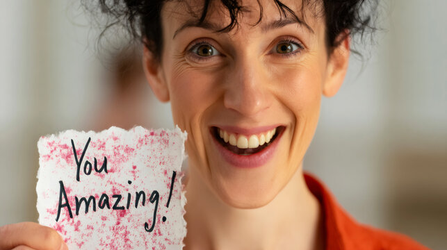 Woman holding a handmade card with You Amazing. written on it, smiling broadly and looking at the camera