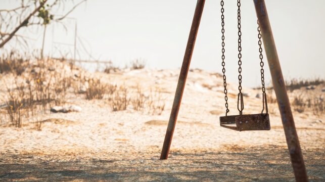 Empty rusty swing set in a desolate sandy playground with dry vegetation metal chain