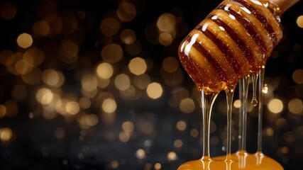 182Macro close-up of golden honey slowly dripping from a hexagonal honeycomb against a deep black background, thick viscous texture glistening under soft lighting, droplets suspended - Powered by Adobe