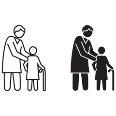 Adult Assisting Elderly Person with Walking Stick Icon