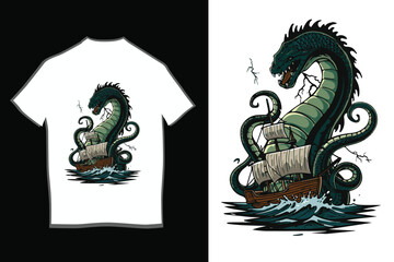Colorful Kraken Sea Serpent Attacking Ship T-Shirt Design