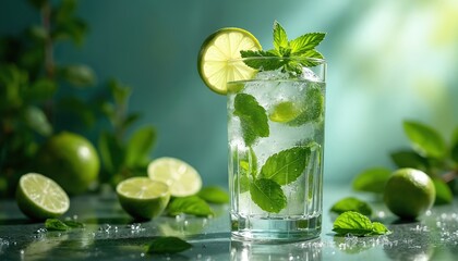 Mojito mocktail photo with fresh mint lime slices, ice in crystal glass. Refreshing summer beverage drink. Alcohol free cocktail for wellness. Healthy drink for party celebration. Trendy drink