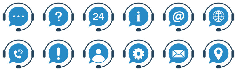 Customer support service icons set with headphones. Communication chat symbols. Help center and assistance signs. Support service. Call center symbols. Vector illustration.