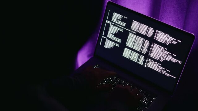 Dark room with computer activity, Shadowy environment revealing cybersecurity testing and breach traces, Atmospheric setting showcasing clandestine digital investigations under moody purple lighting