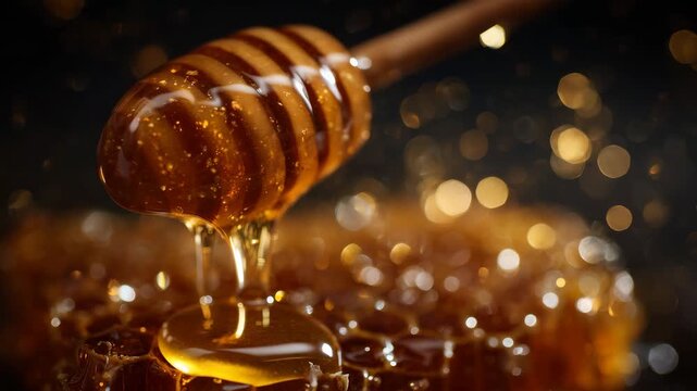 194Artistic close-up of honey slowly dripping from hexagonal honeycomb cells, amber liquid catching light, subtle highlights on wax structure, black background enhancing visual drama