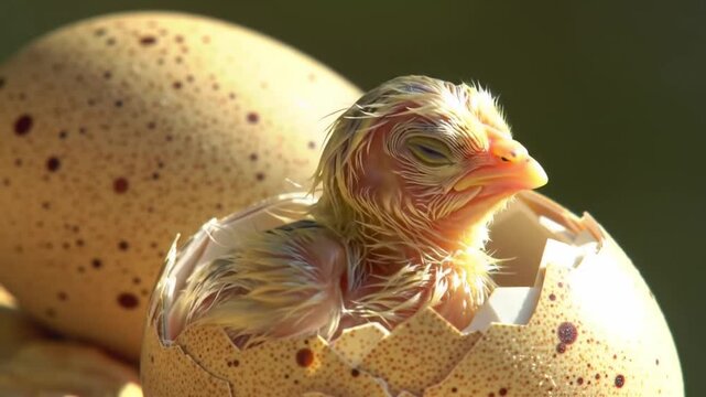 Newborn chick hatching from its egg closeup view of the fragile moment of birth and new life.