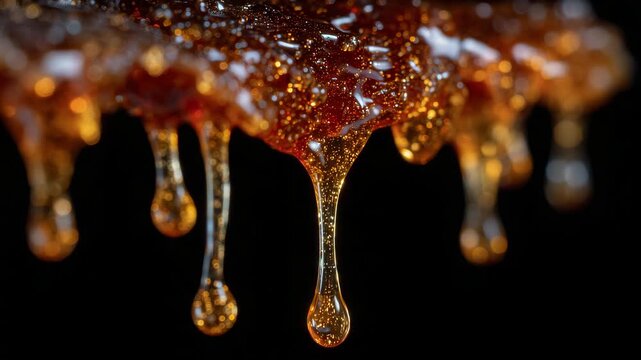 199Macro composition of thick honey dripping from honeycomb edges, liquid strands catching light, intricate wax detail in focus, deep black background creating vivid contrast and rich