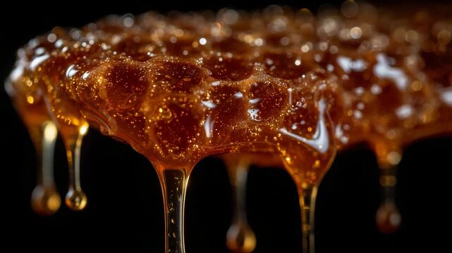197Macro composition of thick honey dripping from honeycomb edges, liquid strands catching light, intricate wax detail in focus, deep black background creating vivid contrast and rich