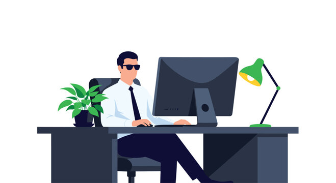 A businessman working diligently at his desk in an office environment.